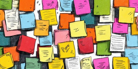 A Colorful Mosaic of Ideas: An eye-level shot captures a dense patchwork of vibrant sticky notes, each bearing handwritten snippets of thoughts, ideas, and reminders, presenting a collective collage.
