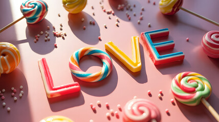 Naklejka premium Colorful lollipops arranged to spell out love on pink background