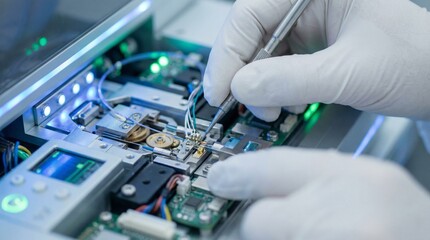 Gloved Hands Repairing Microelectronics Circuit Board Close Up