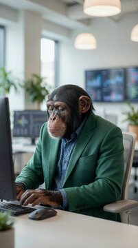 Primate in office environment working on computer with modern technology