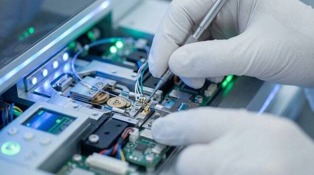 Gloved Hands Repairing Microelectronics Circuit Board Close Up
