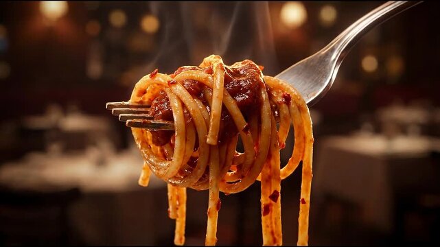 A steaming hot forkful of spaghetti lifted high above a dimly lit restaurant table
