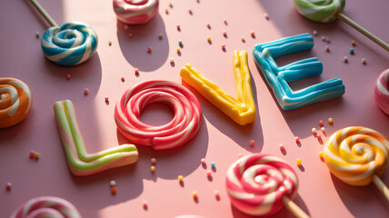 Colorful lollipops arranged to spell out love on pink surface with sprinkles