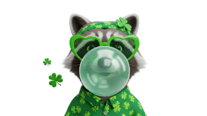 Raccoon blowing bubblegum with St. Patrick's Day theme