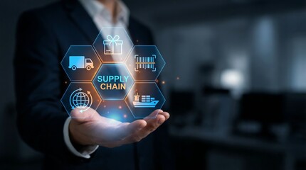 Businessman presenting a futuristic supply chain management concept with digital icons, symbolizing innovation and efficiency in logistics and commerce.