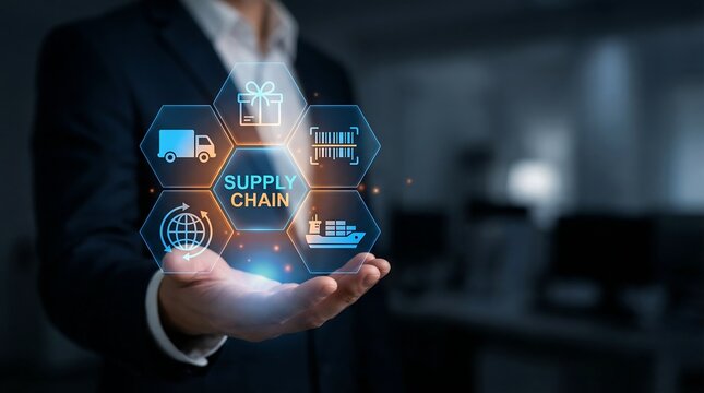 Businessman presenting a futuristic supply chain management concept with digital icons, symbolizing innovation and efficiency in logistics and commerce. - Powered by Adobe