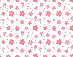 A repeating, cartoonish pattern featuring pink flowers, leaves, and small dots over a white background, creating a cheerful design