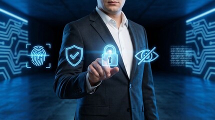 A businessman interacts with digital security icons in a futuristic setting, conveying a sense of protection and data safety in a modern, high-tech environment.