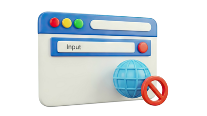 3D Browser Window with Input Field and Forbidden Globe Icon