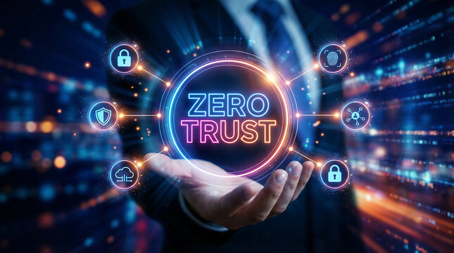 Businessman presenting zero trust cybersecurity concept with glowing icons - Powered by Adobe