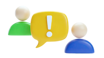 3D icons of people with a speech bubble and exclamation mark