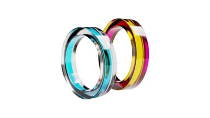 Two abstract, translucent rings with vibrant colors