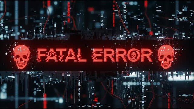 A futuristic cityscape at dusk with a prominent fatal error message display, neon lights, and a dark atmosphere viewed from a high vantage point.