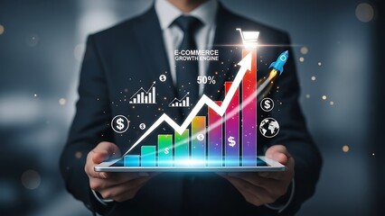 Businessman showcasing e-commerce growth engine on tablet