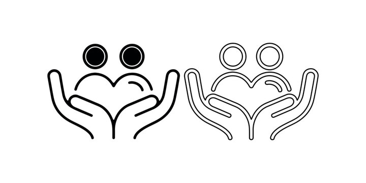Charity and donation minimal icon set caring hands holding heart and two people vector illustration silhouette and outline versions isolated on white background
