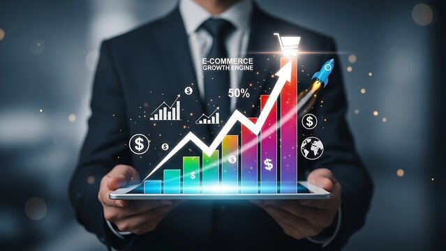 Businessman showcasing e-commerce growth engine on tablet - Powered by Adobe