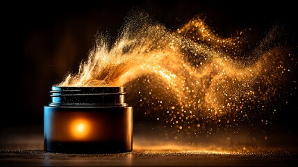 Golden Powder Explosion from Jar on Dark Background