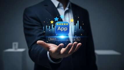 Businessman presenting innovative mobile app with glowing rating system