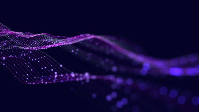 Abstract digital data wavy stream quantum computing in dark cyberspace. Tech information transmission.  Closeup. Big data light flow.