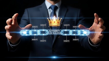 Businessman presenting authority link building concept with glowing chain
