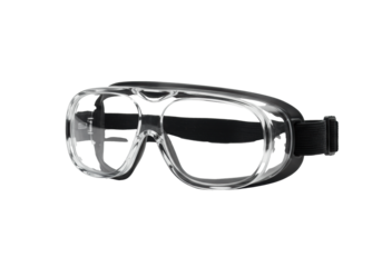 High-grade industrial safety goggles with a black frame isolated on a transparent studio background with copy space. Concept of personal protective equipment.