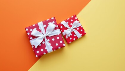 Fototapeta premium Festive Red Gift Boxes with White Bows on Vibrant Orange and Yellow Background for Celebration Occasions