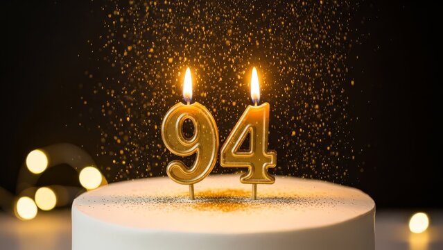 White Birthday Cake with Gold Number 94 Candles and Bright Golden Glitter Haze
