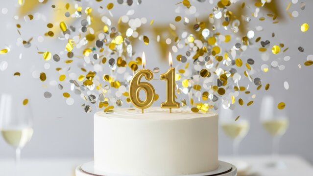 White Birthday Cake with Gold Number 64 Candles and Golden Streamers