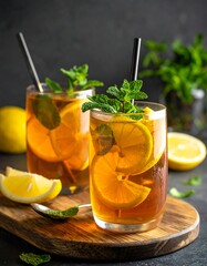 Two glasses of refreshing summer drink with lemon slices and mint leaves on a wooden tray
