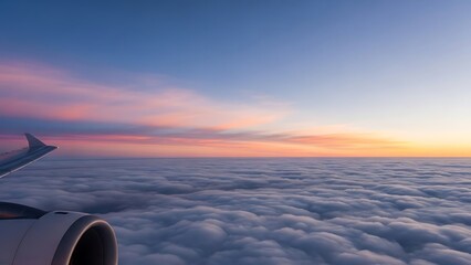 View from an airplane window above the clouds during sunset