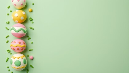 Colorful Easter Eggs with Design Elements on Soft Green Background for Spring Celebration and Holiday Themes