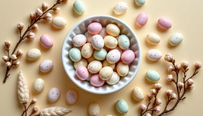 Colorful Easter Candy Eggs in White Bowl Surrounded by Spring Flowers on Soft Yellow Background