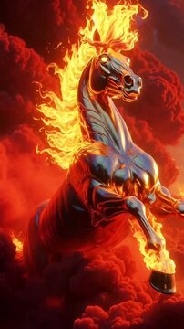 Fiery Stallion Rearing in Red Clouds Fantasy Chrome Horse with Burning Mane Vertical Orientation Epic Cinematic Atmosphere