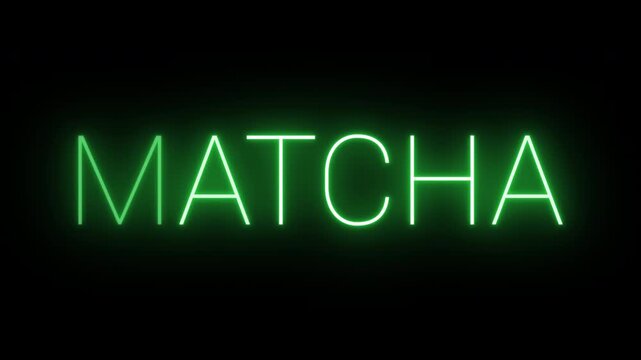 Flickering neon green glowing Matcha sign animated black background.