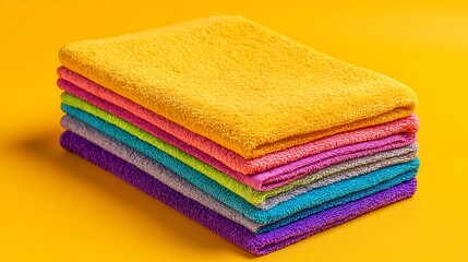Stack of Soft Bath Towels in Yellow Brown and Beige on Yellow Background