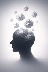 Obraz premium Silhouette of a person with crumpled paper thoughts