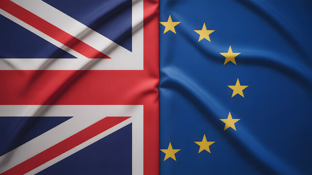 Dynamic Union Jack and European Union flags waving together symbolizing partnership and global connection
