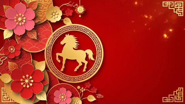 Chinese New Year of the Horse background template with paper flowers