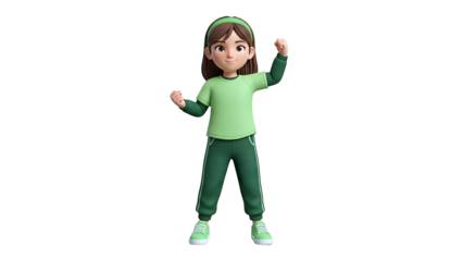 3D cartoon girl flexing arms in green athletic wear