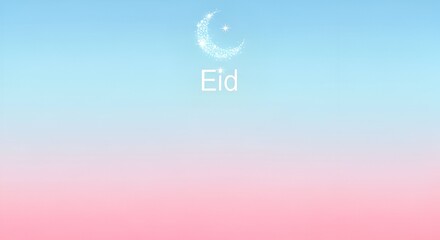 Celebrating Eid under the crescent moon with serene pastel hues in a minimalist illustration