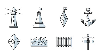 Nautical symbols and icons set including lighthouses and anchors in a simple line art style © Anton