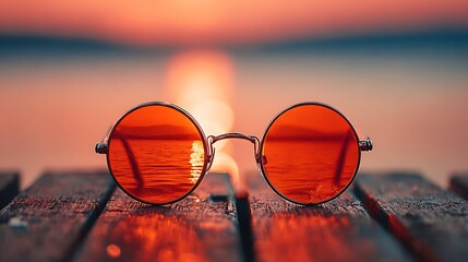 Round Sunglasses Reflecting Sunset Cityscape