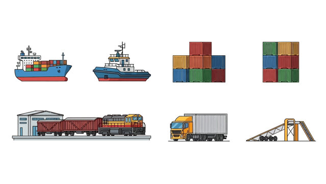 Various transportation modes including ships, trains, and trucks illustrated in a collection of logistics icons on a plain background.