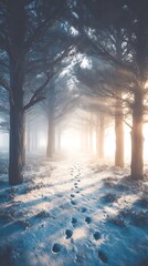 Snowy Forest Path at Sunset: Golden Hour Light and Footprints in the Snow