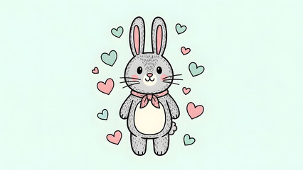 A charming hand drawn illustration of a grey bunny wearing a pink scarf surrounded by colorful heart shapes on a light green background