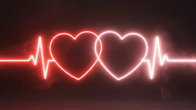 Two interlocking neon hearts, dramatically glowing bright red and linked by a continuous ecg line, symbolize passion and love against a smoky dark background.