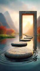 Serene Sunset River Scene with Stepping Stones