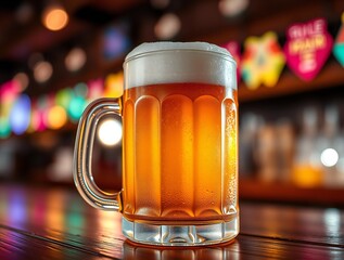Frothy amber beer in a glass mug on a bar with colorful lights