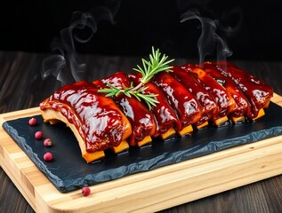 Delicious bbq pork ribs glazed with sauce and garnished with rosemary