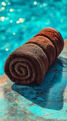 Rolled Brown Towel on Teal Background